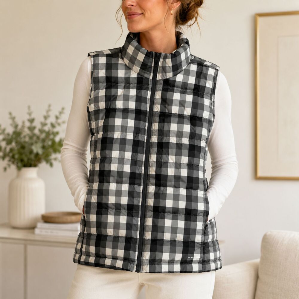 Lands' End Women's Down Puffer Vest 3X 24W-26W Gray White Plaid Quilted Zip